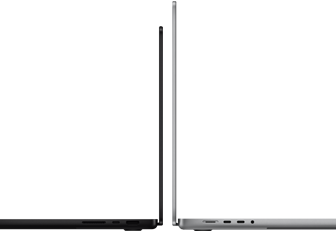 14palcový a 16palcový MacBook Pro zadními stranami u sebe na ilustraci rozdílu ve velikostech a zdůraznění úzkého profilu